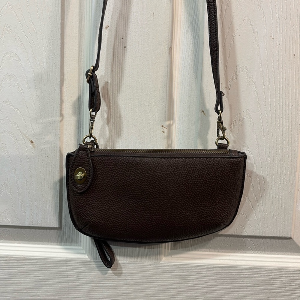 Joy Susan Brown Mini Crossbody Wristlet Clutch with Zipper Lick